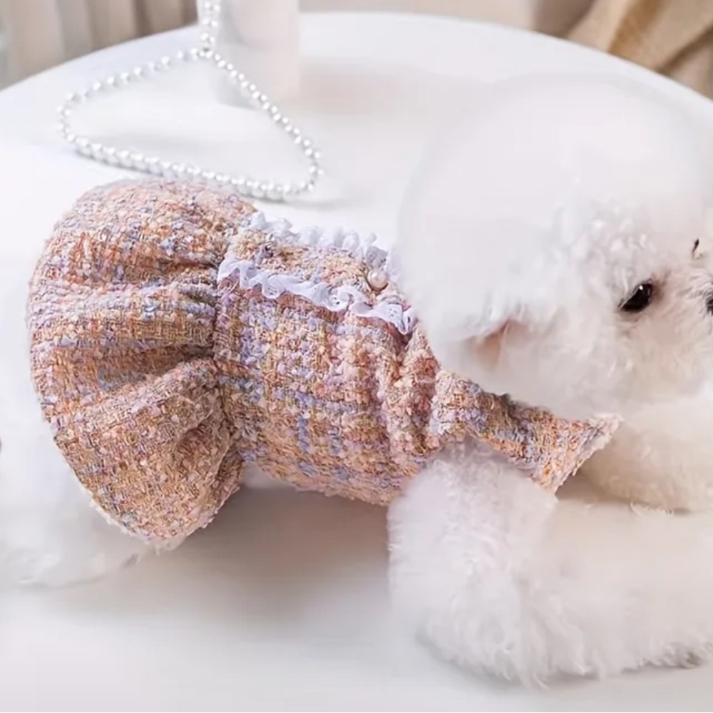 Chic Elegant Classy Tweed Terry Cloth Pearl Pink Peach Purple Dog Dress Coat XS - Picture 2 of 4